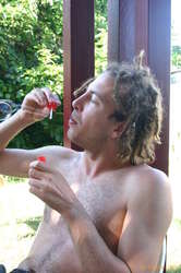 Damo blows bubbles