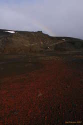 Red rocks, brown mountains, under a rainbow
