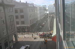 A crowd gathers
