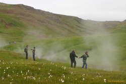 Rakel and Nicky, Jón and Os, adrift in a sea of cotton grass and steam
