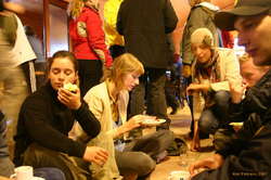 Dining on the floor at Húsadalur, the runners had all the seats
