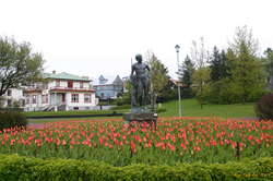Tulips and statues, under a bit of a grey sky.
