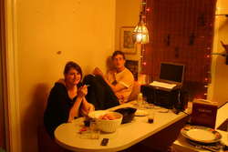 Lee and Bella sitting contentedly after gorging themselves on lobsters
