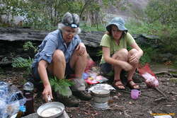 Mum and Helen cooking dinner
