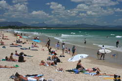 Mt Warning over a busy Byron Bay
