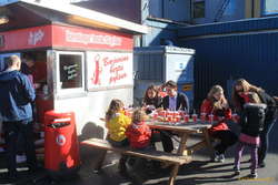 Happy hotdog eaters